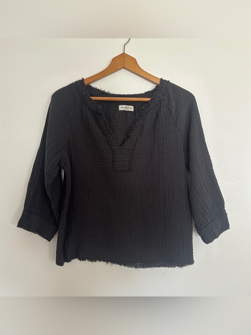 NATURAL LIFE Black Frayed V-Neck Gauze Tunic